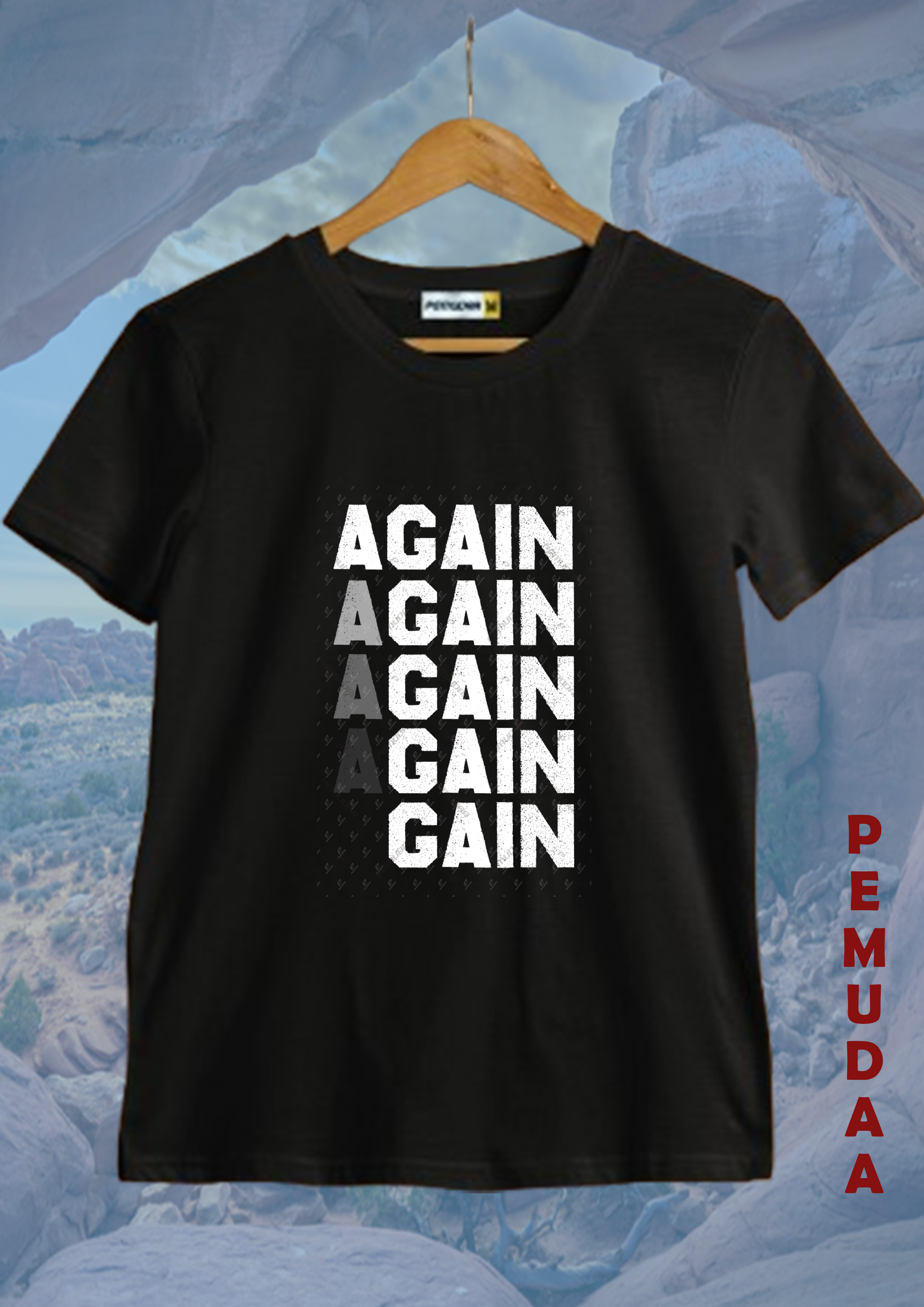 Again-Minimal Repeated Text Graphic T-Shirt