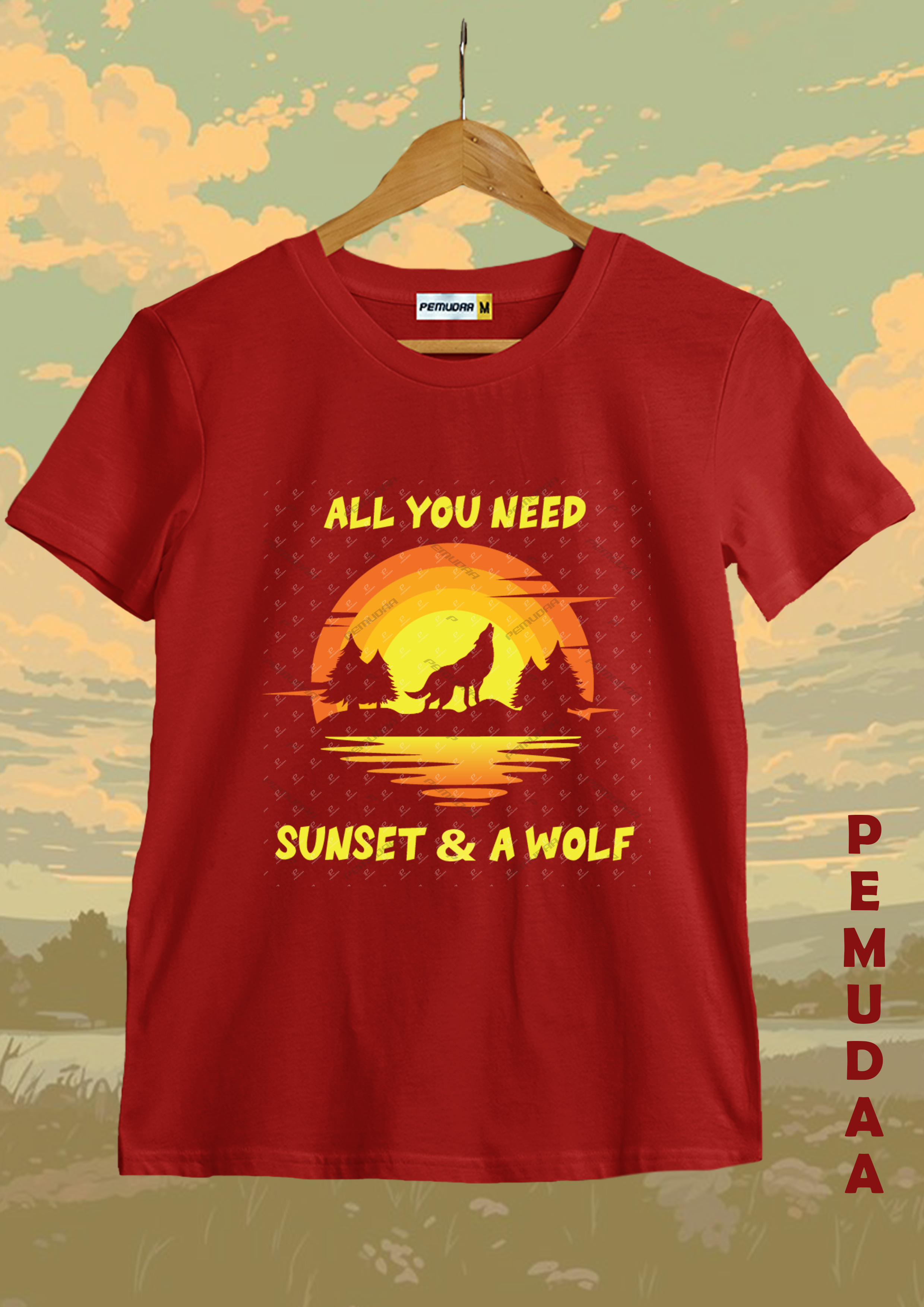 Sunset and a Wolf premium cotton T shirt