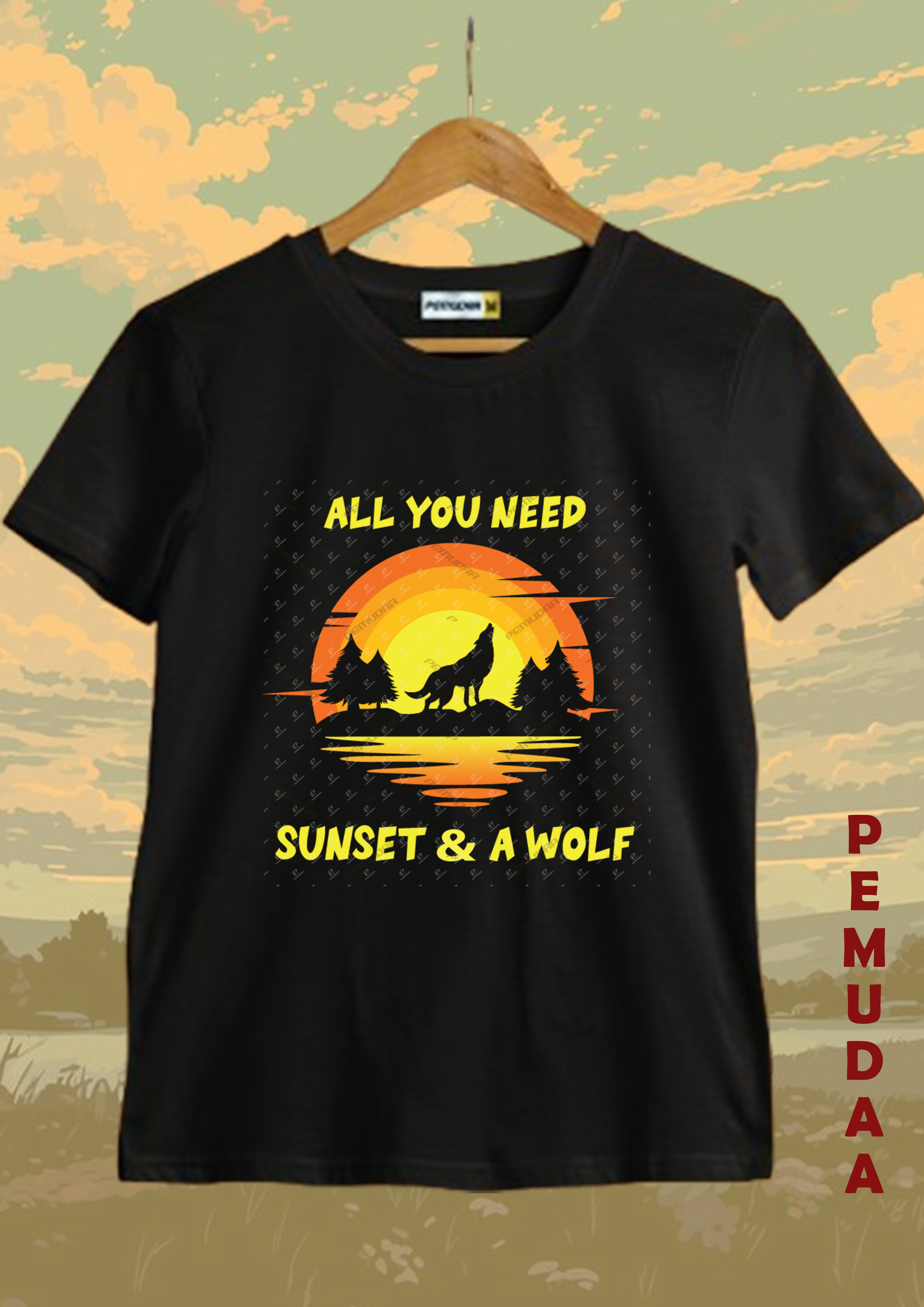 Sunset and a Wolf premium cotton T shirt
