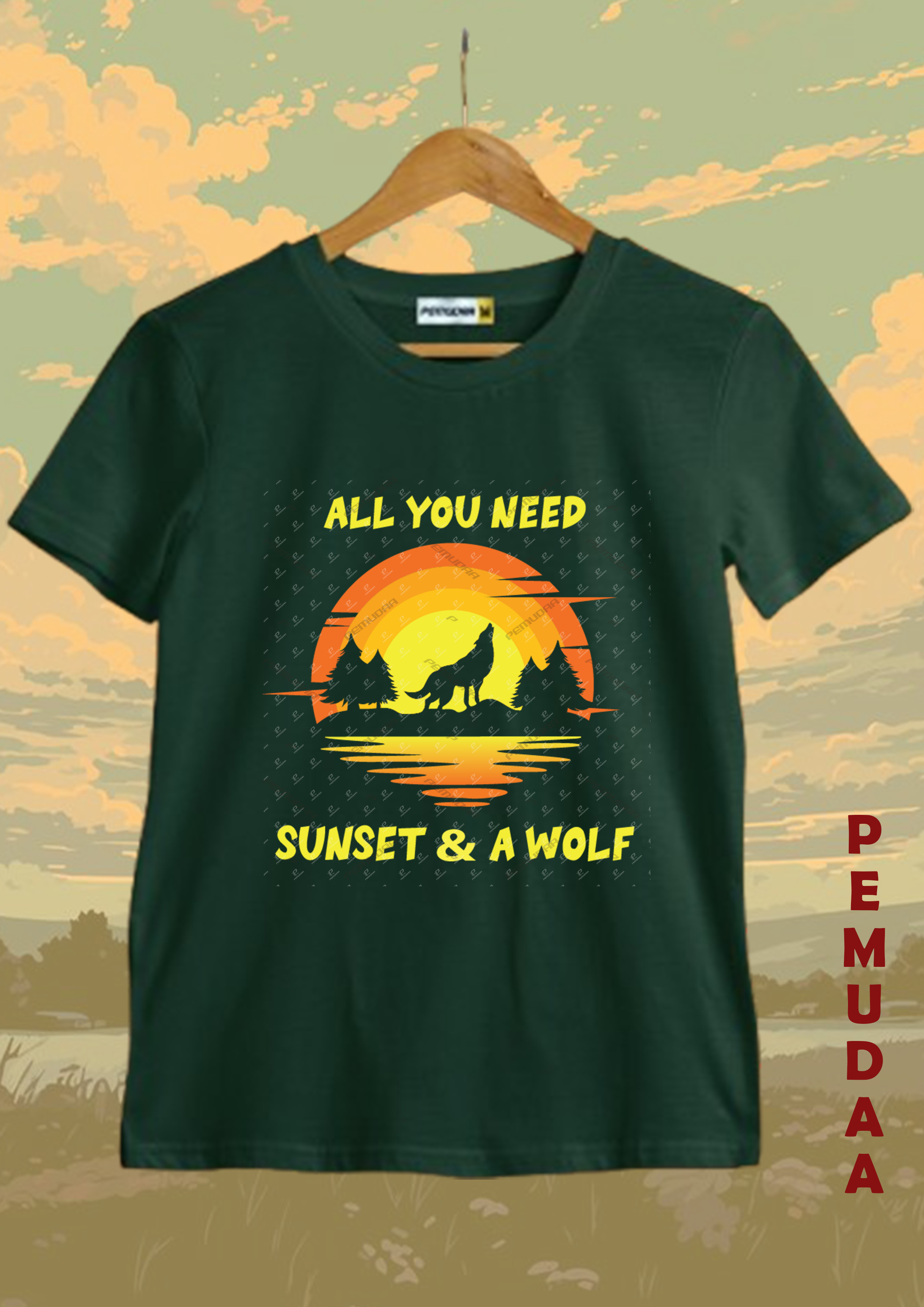 Sunset and a Wolf premium cotton T shirt
