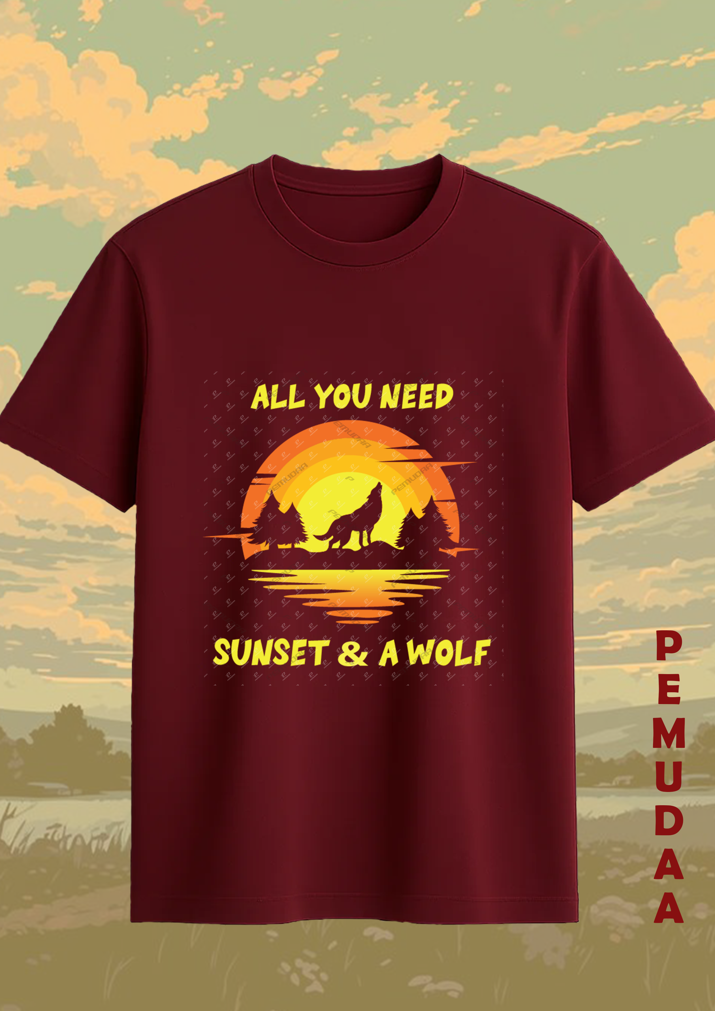 Sunset and a Wolf premium cotton T shirt