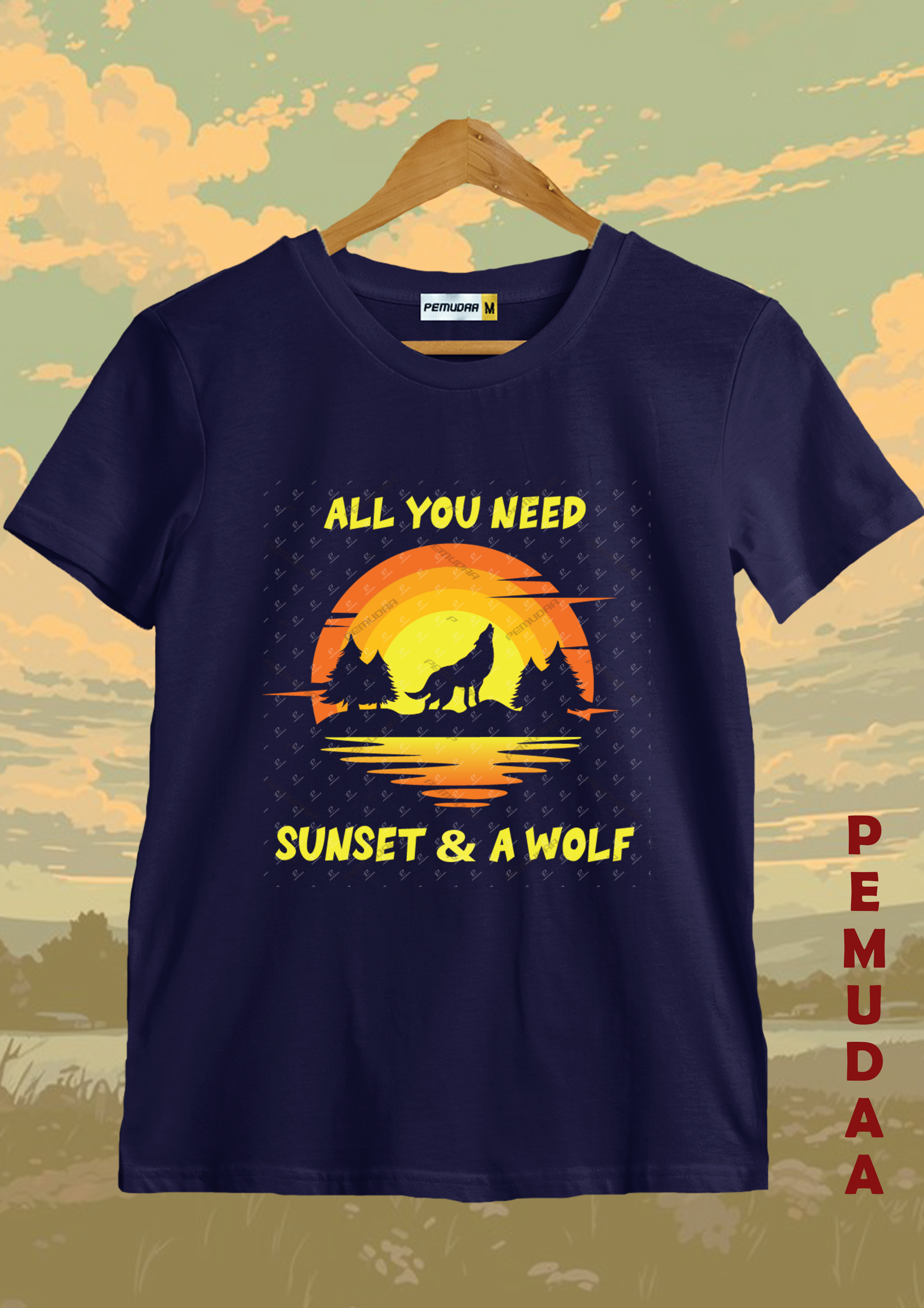 Sunset and a Wolf premium cotton T shirt