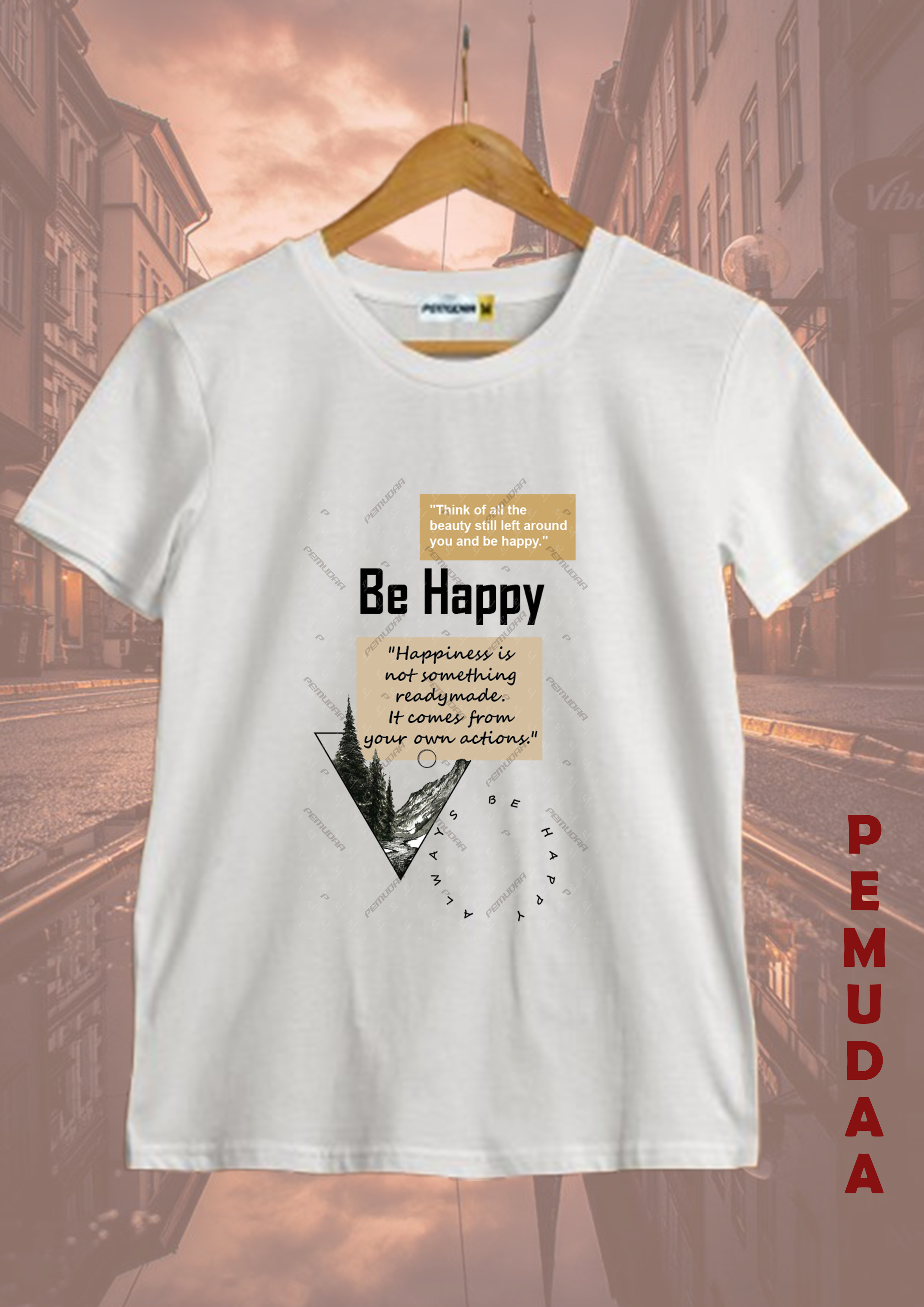 Be Happy Printed cotton T-Shirt Sky blue and white