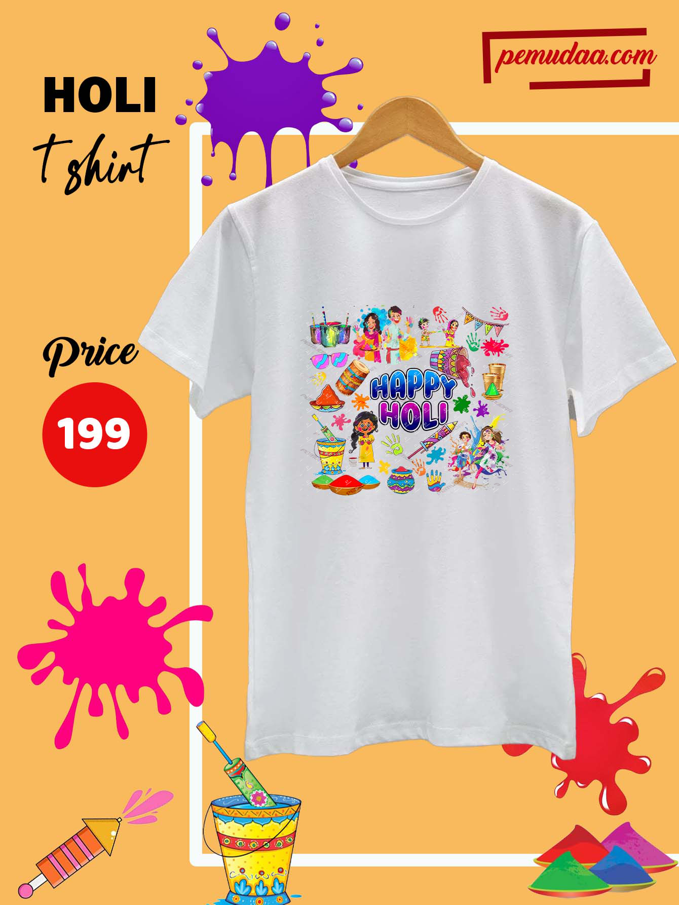 Holi Doodle Bengali Unisex Round Neck cotton T-Shirt | Pemudaa
