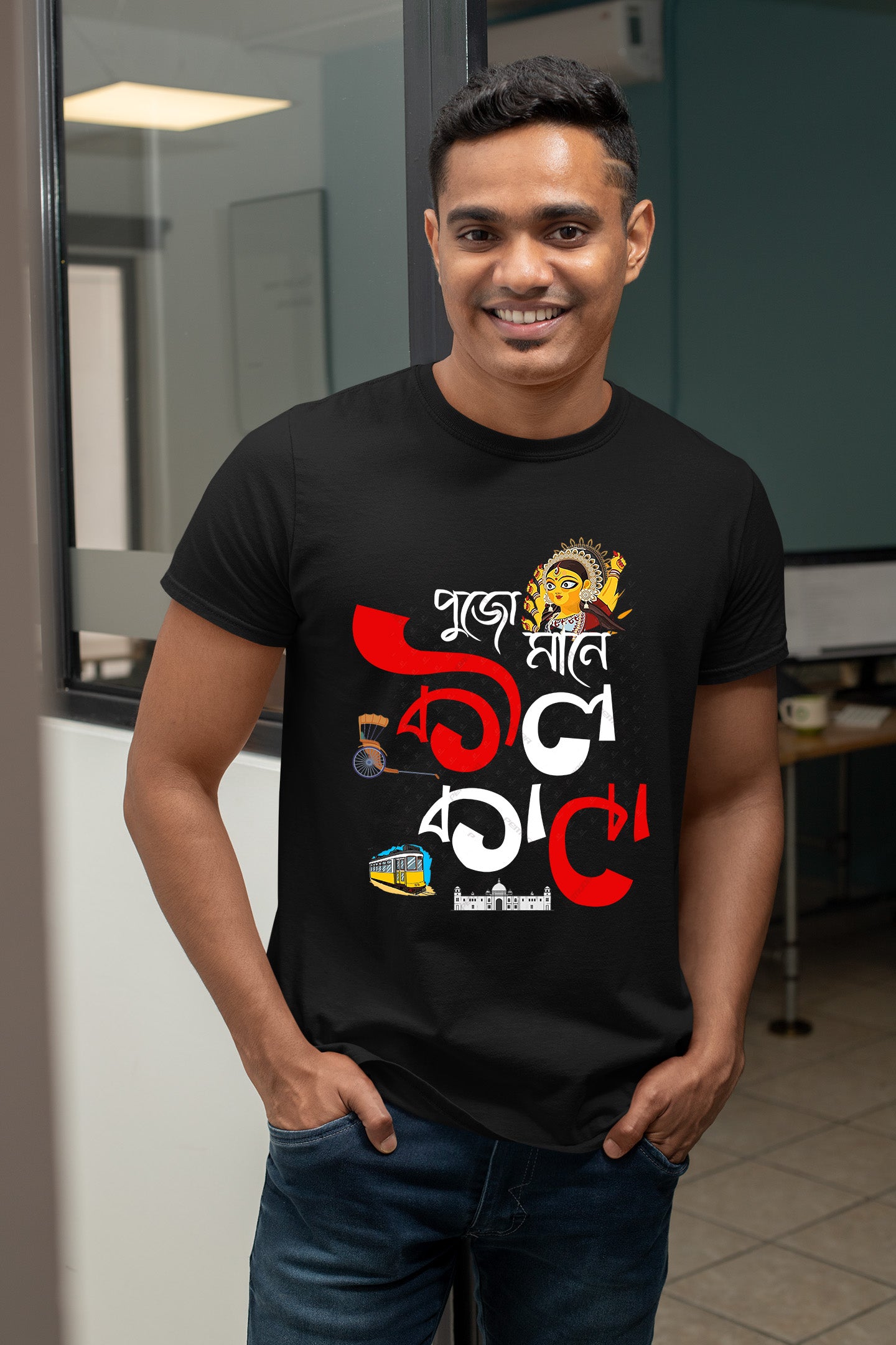 Pujo mane kolkata printed half cotton T shirt