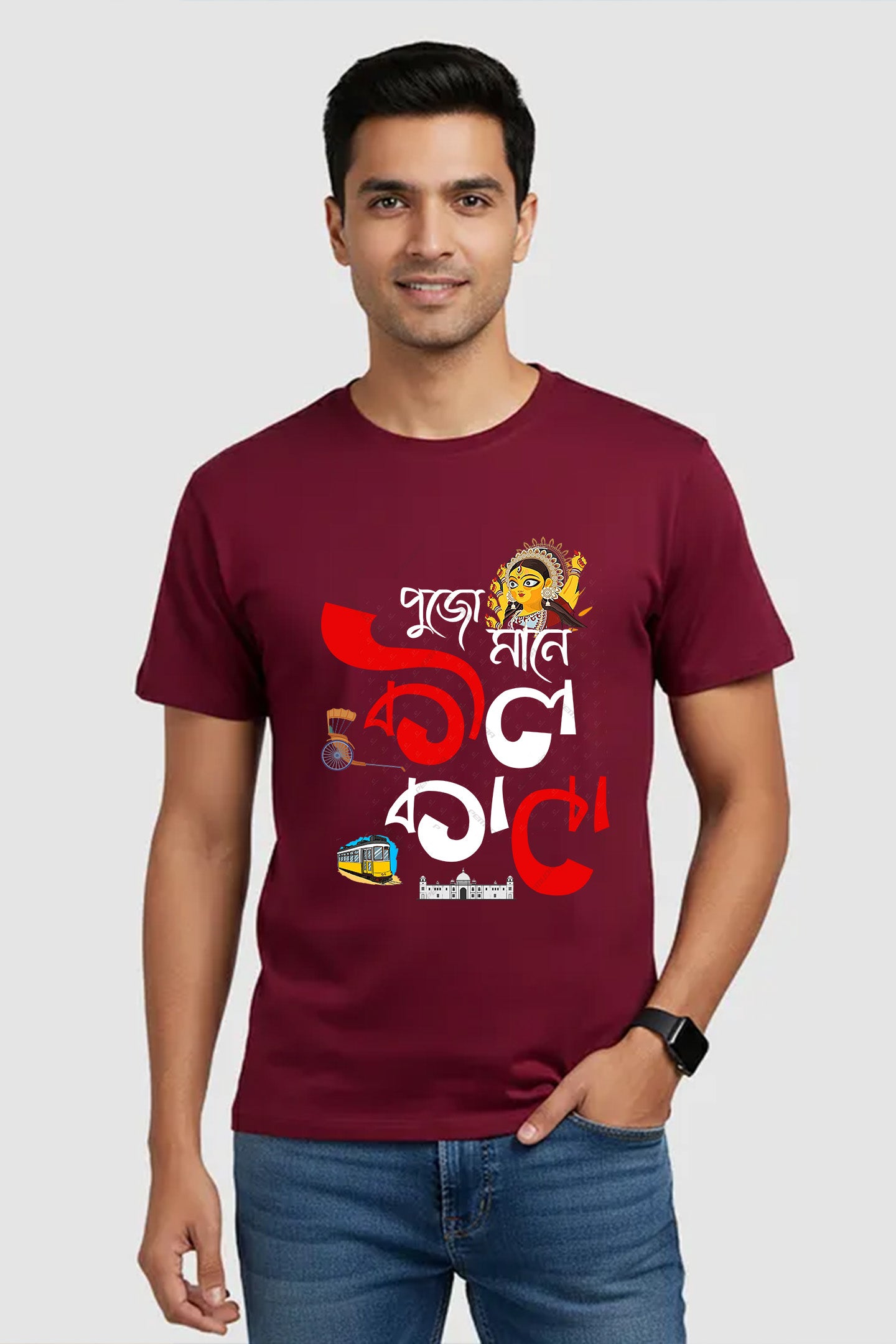 Pujo mane kolkata printed half cotton T shirt